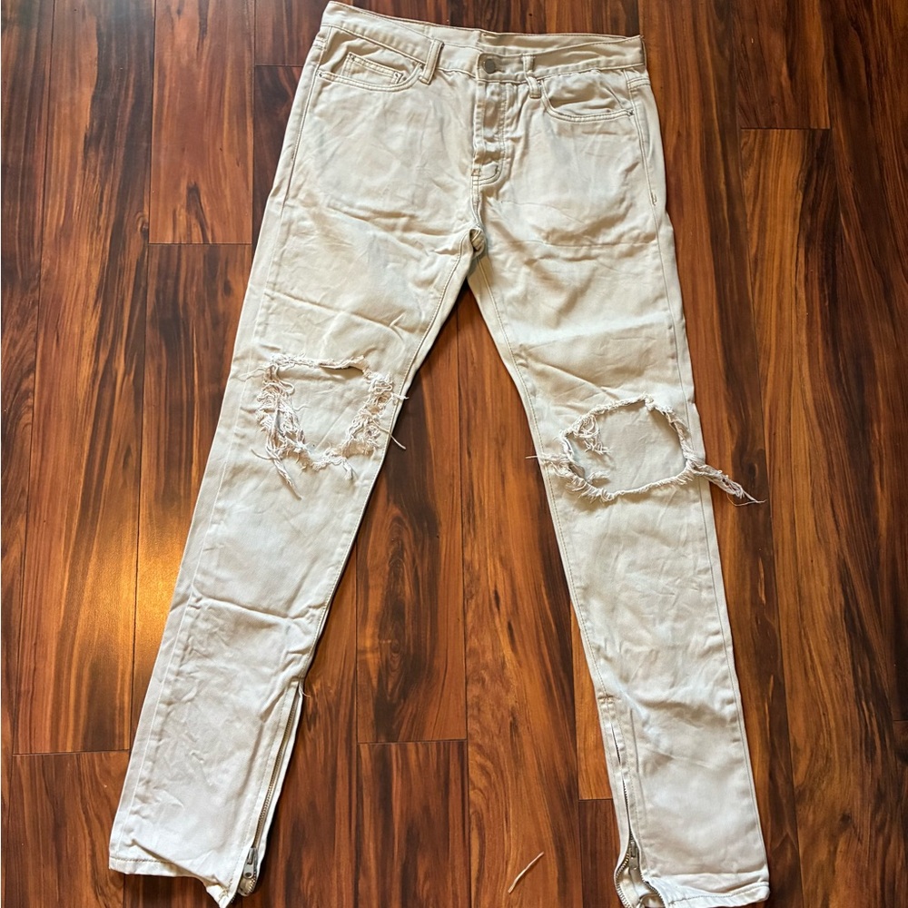 MNML Light Tan Distressed Slim Jeans